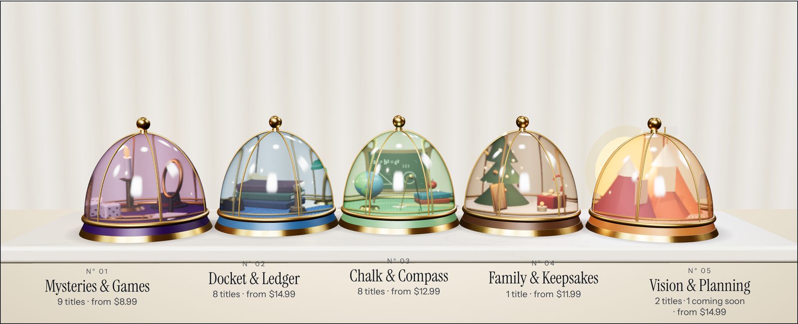 Five miniature worlds under glass domes, one per edition